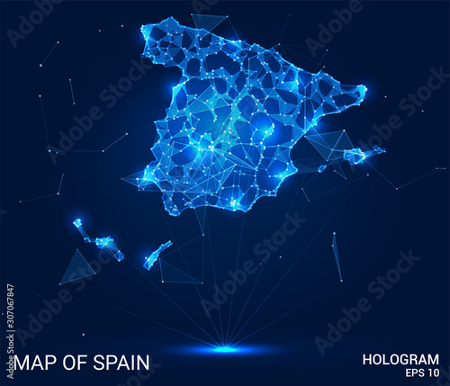 Hologram Of Spain. Map of Spain of polygons, triangles points and lines. Map of Spain low poly composite structure. Technological concept.