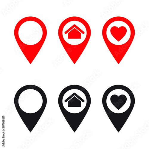Maps pin. Location map icon. House and heart location. Red and black icons.