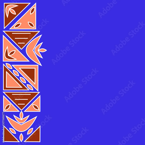 Sample bright background for packaging goods. African folk ornament with geometric and floral shapes. Bright blue, brown, coral color with white outline. Vector illustration for packaging design.