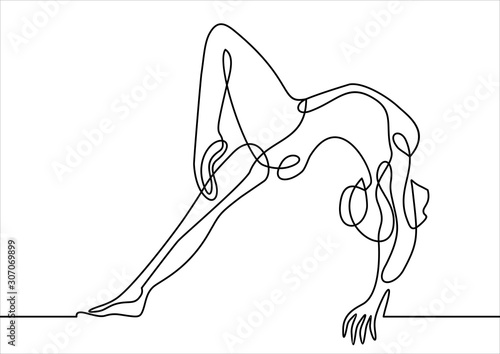 Young female gymnast performing handstand on balance beam- continuous line drawing