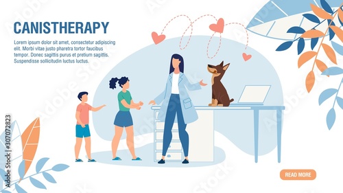 Trendy Flat Design Landing Page Offering Canistherapy. Veterinary Service Online for Domestic Animals. Cartoon Woman Veterinarian, Children Per Owners and Dog on Examination Table. Vector Illustration