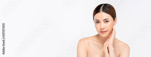 Beauty shot of beautiful bright skin Asian woman on white banner background