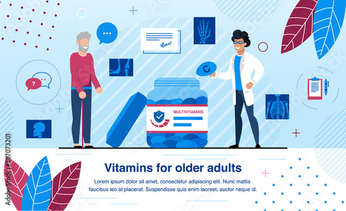Vitamins and Minerals for Elderly People Bones Health and Strengthening Trendy Flat Vector Banner, Poster Template. Male Doctor, Nutrition Specialist Recommending Vitamins for Senior Man Illustration
