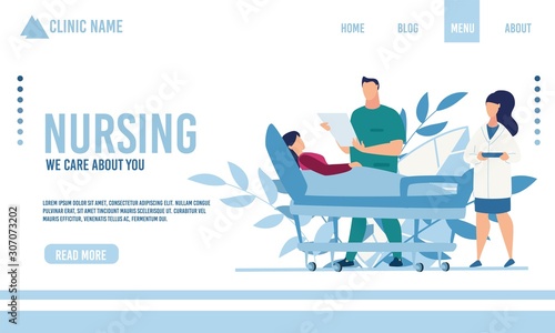 Flat Landing Page Advertising Nursing and Physical Therapy Medical Service. Doctor and Nurse Treating Seriously Ill Woman Lying on Hospital Bed. Healthcare and Telemedicine. Vector Illustration