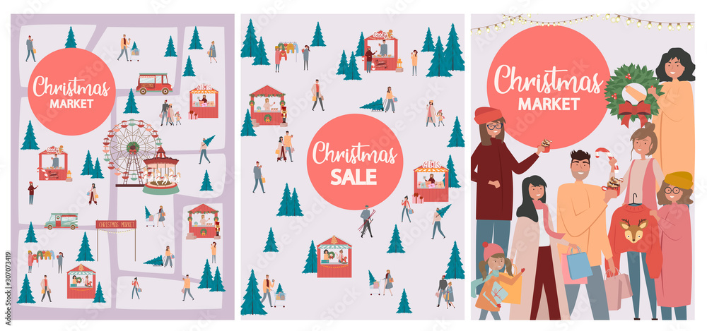 Obraz premium Collection of Christmas Market posters with Store and People selling and shopping at walking street, drinking cocoa and having a rest with their family. Editable vector illustration