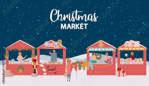 Christmas Market, Holiday outdoor fair. People selling and shopping at walking street, Christmas clothes and accessories shop on winter background. Vector illustration.