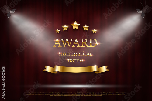Golden shiny award sign with star and ribbon isolated on dark red background. Vector illustration.