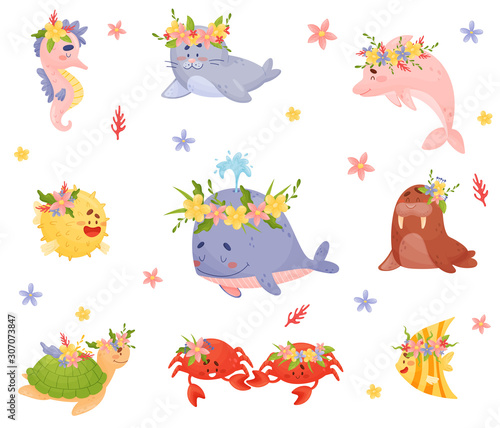 Cute Set Of Cartoon Sea Animals And Fish Vector Illustrations