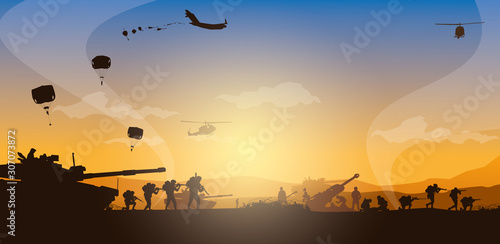 Military vector illustration, Army background, soldiers silhouettes.