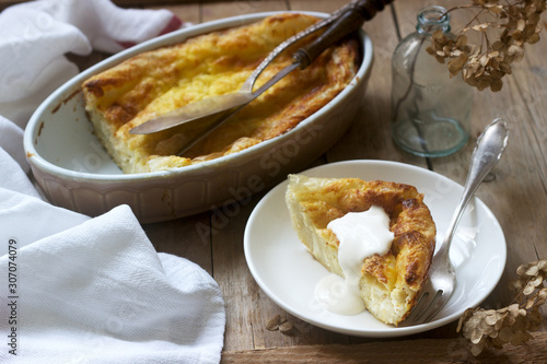 Banitsa, a traditional Bulgarian or Balkan filo pastry pie stuffed with feta cheese, sour milk and eggs. Rustic style. photo