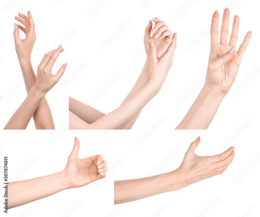 Multiple images set female caucasian hands isolated white background showing different gestures. Collage of hands of a girl with manicure Multiple images set female caucasian hands isolated white background showing different gestures. Collage of hands of a girl with manicure
