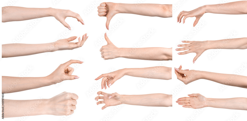 Multiple images set female caucasian hands isolated white background showing different gestures. Collage of hands of a girl with manicure Multiple images set female caucasian hands isolated white background showing different gestures. Collage of hands of a girl with manicure
