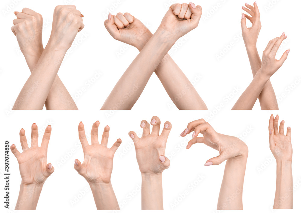Multiple images set female caucasian hands isolated white background showing different gestures. Collage of hands of a girl with manicure Multiple images set female caucasian hands isolated white background showing different gestures. Collage of hands of a girl with manicure