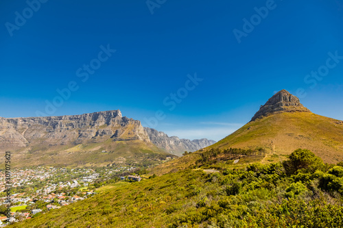 Wide angle view of Table Mountain from Signal Hill in Cape Town