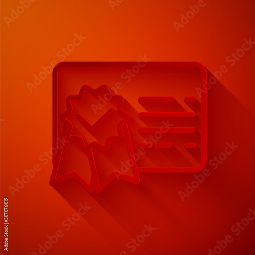 Paper cut Certificate template line icon isolated on red background. Achievement, award, degree, grant, diploma. Business success certificate. Paper art style. Vector Illustration