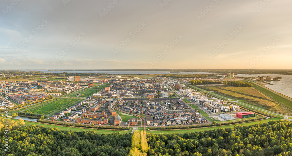 Aerial panorama of a modern suburban neighbourhood in Almere, Netherlands
