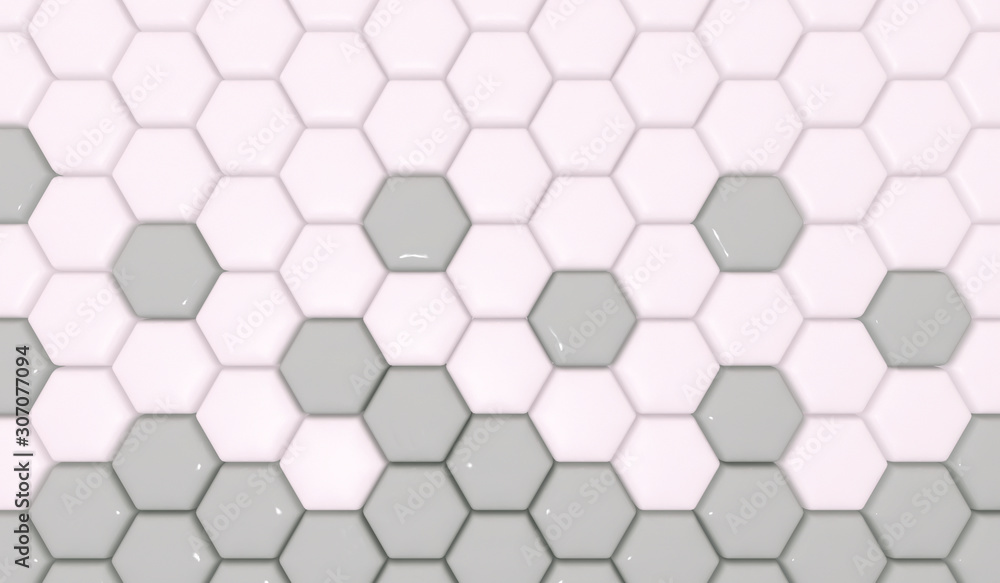 Naklejka premium 3D tile with grey and pink elements. Abstract hexagonal background. The 3d panel. Render.3d wall texture, hexagonal clusters. 3D rendering.