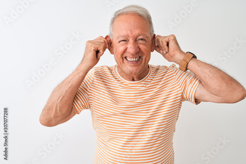 Senior grey-haired man wearing striped t-shirt standing over isolated white background Smiling pulling ears with fingers, funny gesture. Audition problem