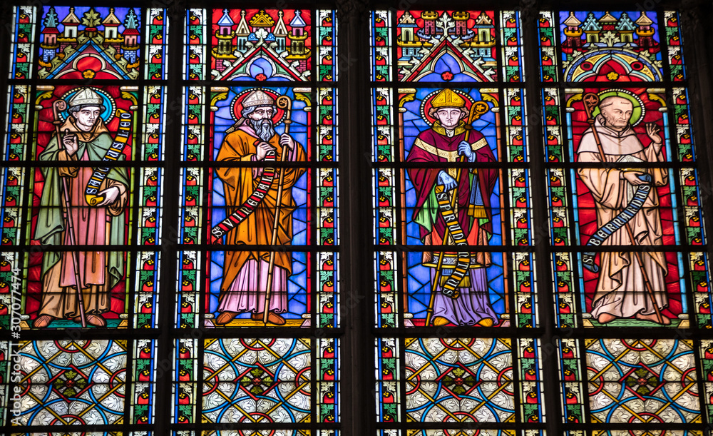 Colorful stained glass windows in  Basilique Saint-Urbain, 13th century gothic church in Troyes, France.