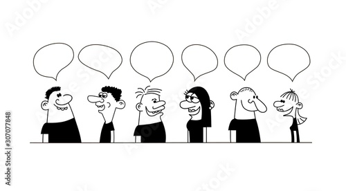 Hand drawn funny characters people, news, social networking, chat, dialogue speech bubbles, vector illustration