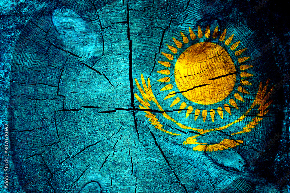 Flag of Kazakhstan with the background texture of the wood.