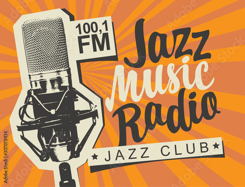 Vector banner for radio station with studio microphone and inscription Jazz music radio on the abstract background with rays. Radio broadcasting concept. Suitable for flyer, ad, poster, placard