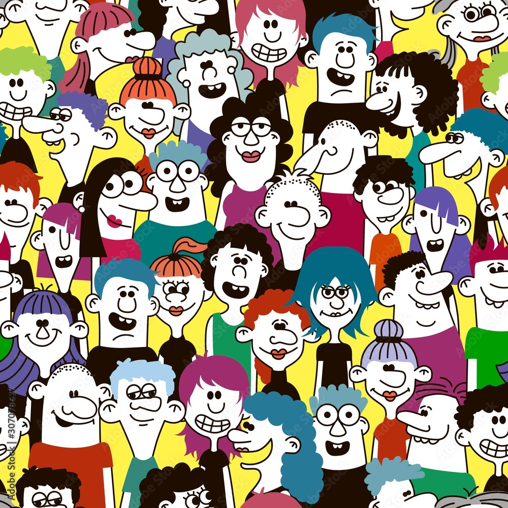 Happy people - hand drawn seamless pattern. Funny characters faces, vector illustration. Happy people - hand drawn seamless pattern. Funny characters faces, vector illustration.