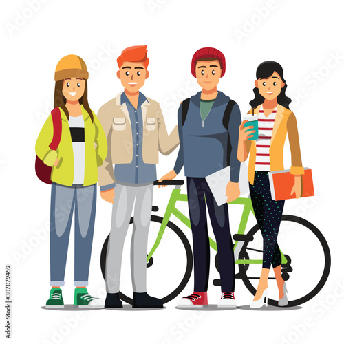 Happy group of teen University student .Vector illustration cartoon character.