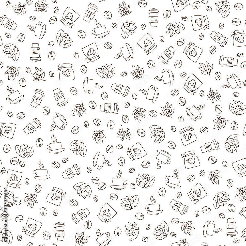 Vector seamless coffee pattern with coffee beans and leaves, sack of coffee seeds, cofe equipment. Hand draw cafe seamless pattern with light texture on white background Vector seamless coffee pattern with coffee beans and leaves, sack of coffee seeds, cofe equipment. Hand draw cafe seamless pattern with light texture on white background