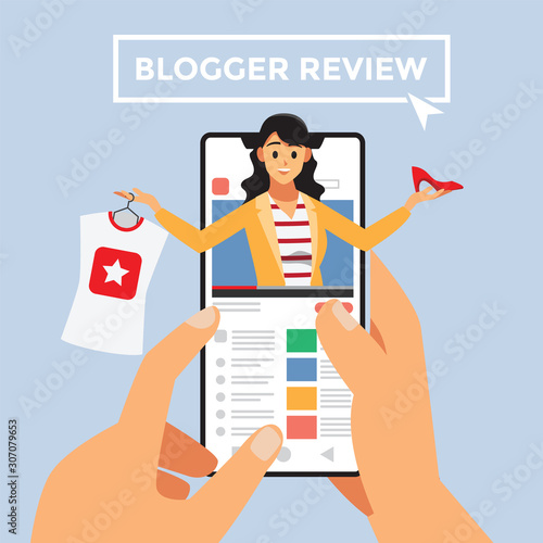 Telephone smartphone and Mobile Modern Business Product Reviews ,Blogger Review Concept.Video Streamer Blogger , Live Broadcast. Online Channel. Vector illustration cartoon character.