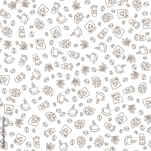 Vector seamless coffee pattern with coffee beans and leaves, sack of coffee seeds, cofe equipment. Hand draw cafe seamless pattern with light texture on white background