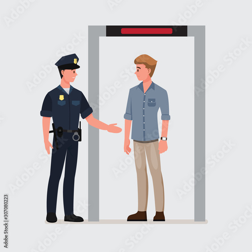 Security agent at an airport check-in gate.Vector illustration cartoon character.