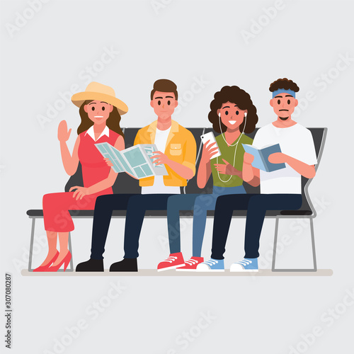 Happy group of teen traveler airport seat in waiting area.Vector illustration cartoon character.