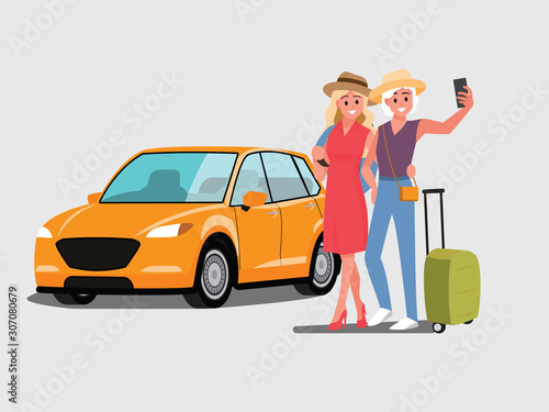 Happy travel together of two fashionable girls is going to travel by car,Vector illustration cartoon character flat style.