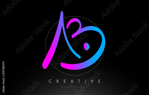 AB Artistic Brush Letter Logo Handwritten in Purple Blue Colors Vector
