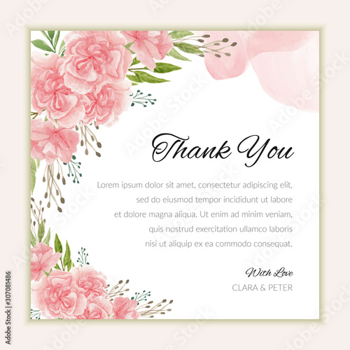 Bridal thank you card template with watercolor carnation flower