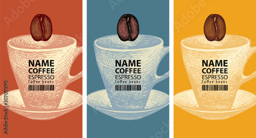 Vector set of labels for coffee beans. Coffee labels with hand-drawn cups, saucers, coffee beans and and barcodes