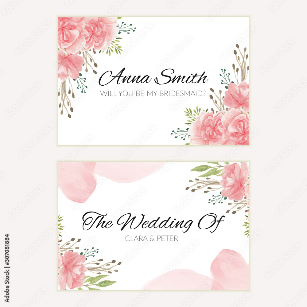 Watercolor pink floral wedding bridesmaid card template