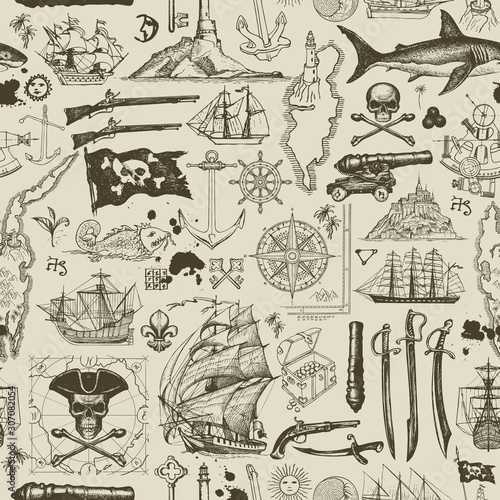 Dekoracja na wymiar  vector-abstract-seamless-pattern-on-the-pirate-theme-with-hand-drawn-sketches-and-blots-vintage-background-with-skulls-crossbones-flag-swords-guns-sailboats-islands-and-other-nautical-symbols