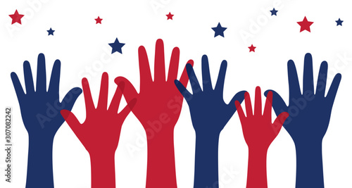Silhouette of blue and red colored raising hands as United States of America Flag symbol.  United States elections concept.