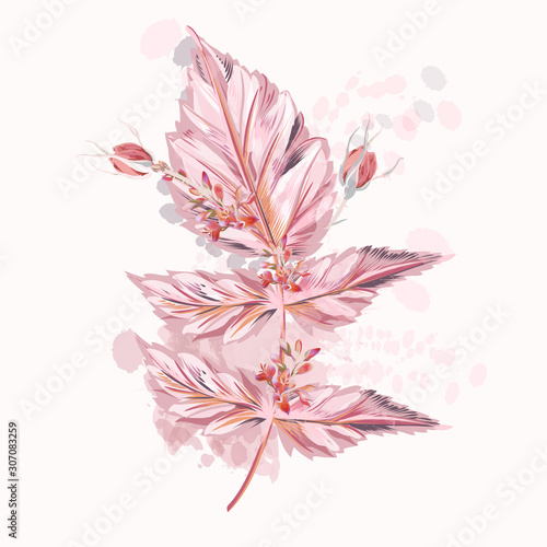 Pink vector leaf with buds and ink spots watercolor style