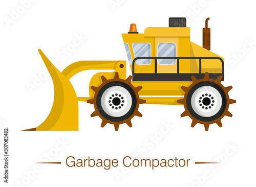 Yellow modern garbage compactor. Special equipment for landfills