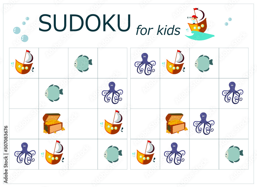 Sudoku for kids. Sudoku. Children's puzzles. Educational game for children. sea world, pirat