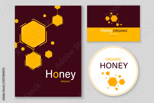 Honey labels and beekeeping logo. Food sweet, insect and cell, honeycomb and beeswax, comb and wax. Vector illustration