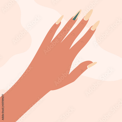 Woman demonstrating nail design. Top view of hand with long oval nails with nude polish. Beauty salon. Colorful flat vector illustration in cartoon style.