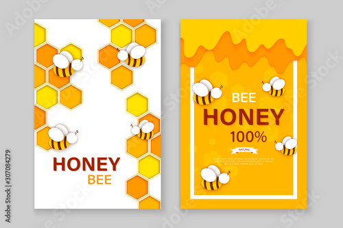 Paper cut style bee with honeycombs. Template design for beekeeping and honey product.