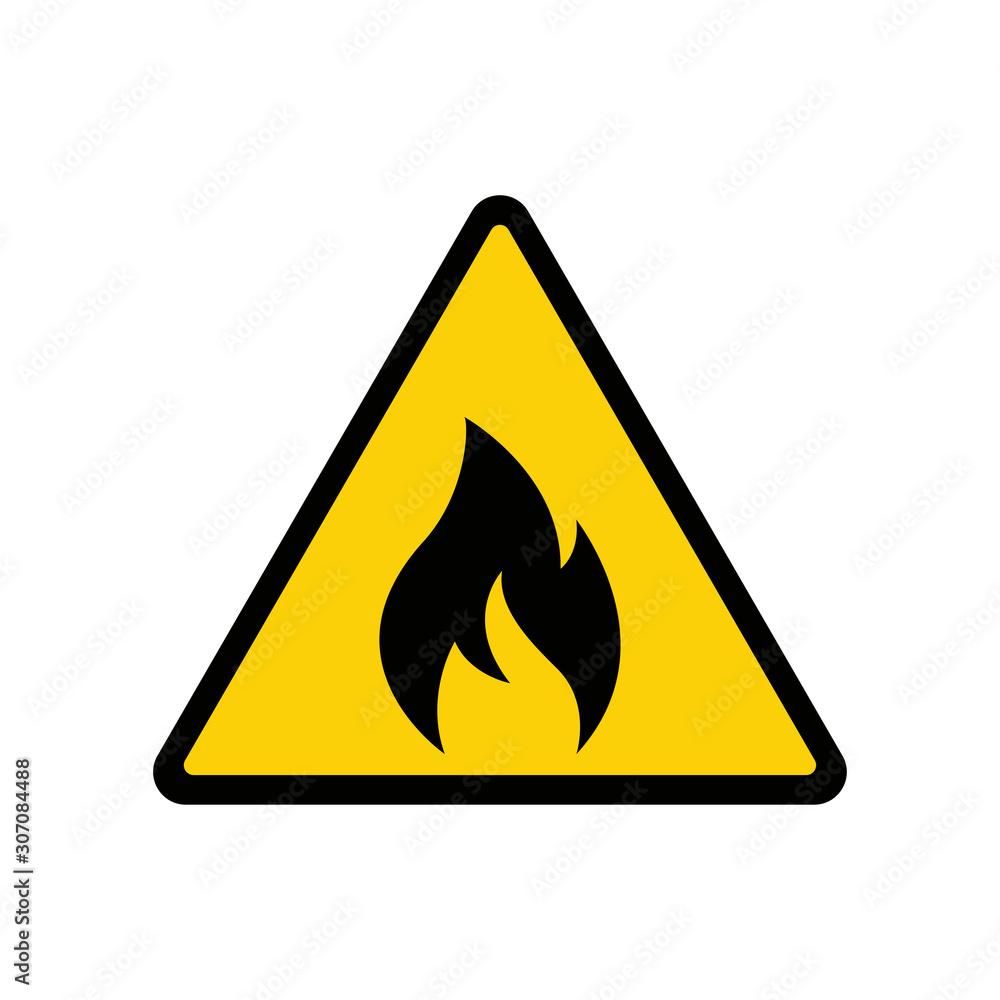 Fire warning sign on white. Fire warning sign in yellow triangle. Flammable, inflammable substances icon. Vector Fire warning sign on white. Fire warning sign in yellow triangle. Flammable, inflammable substances icon. Vector