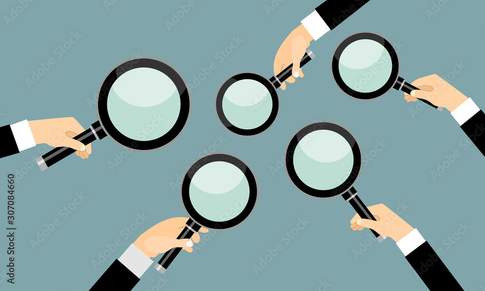 Hands holding a magnifying glass. Concept of searching, detecting and analyzing. vector illustration in flat design. Hands holding a magnifying glass. Concept of searching, detecting and analyzing. vector illustration in flat design.