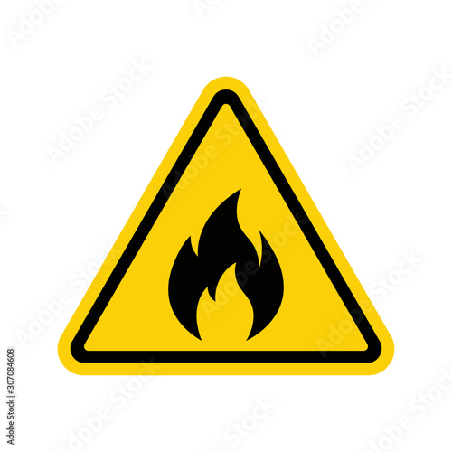Fire warning sign on white. Fire warning sign in yellow triangle. Flammable, inflammable substances icon. Vector