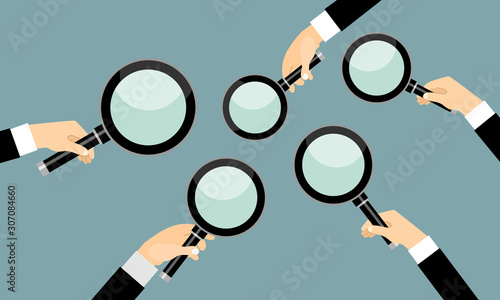 Hands holding a magnifying glass. Concept of searching, detecting and analyzing. vector illustration in flat design.